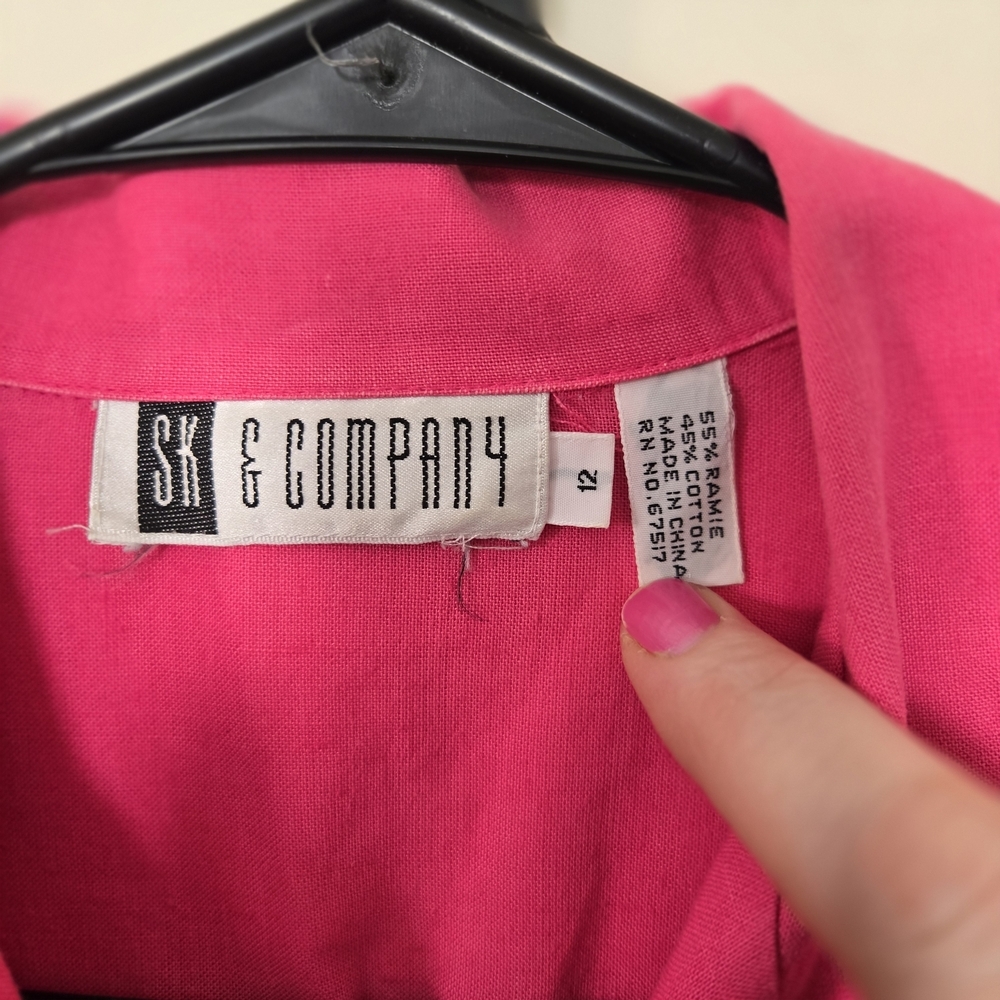 Bright Pink Gold Crown Button Blouse 80s Vintage Ramie Cotton Blend. Cuff Sleeve - Picture 2 of 7